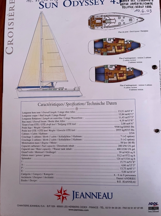 Jeanneau Sun Odyssey 43 preowned for sale